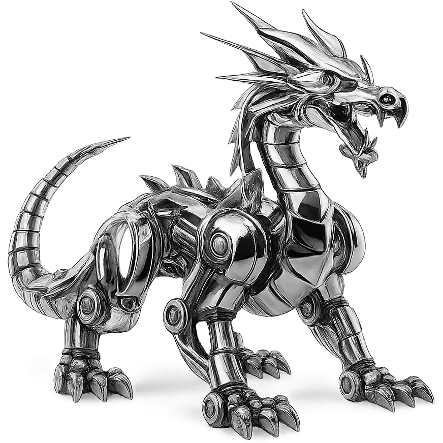 massive chrome-plated robotic dragon with articulated limbs, mechanical tail, powerful pose, 1:1 aspect ratio emoji