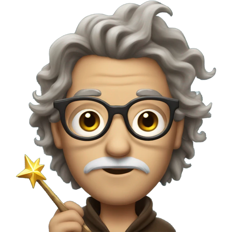 wizard with fluffy brown hair, no beard and glasses holding a star wand emoji