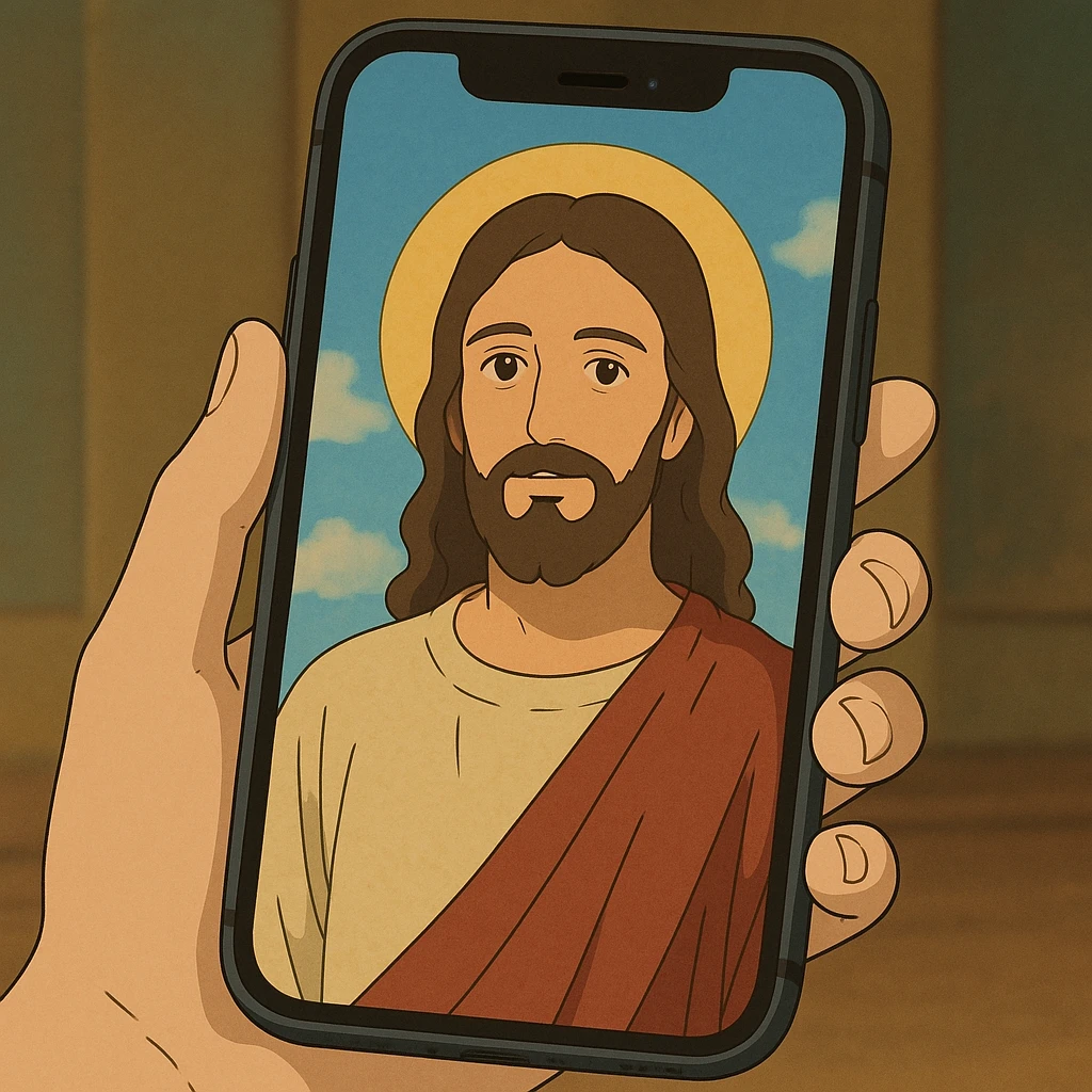 an iPhone with a Ghibli-style Jesus as the wallpaper emoji
