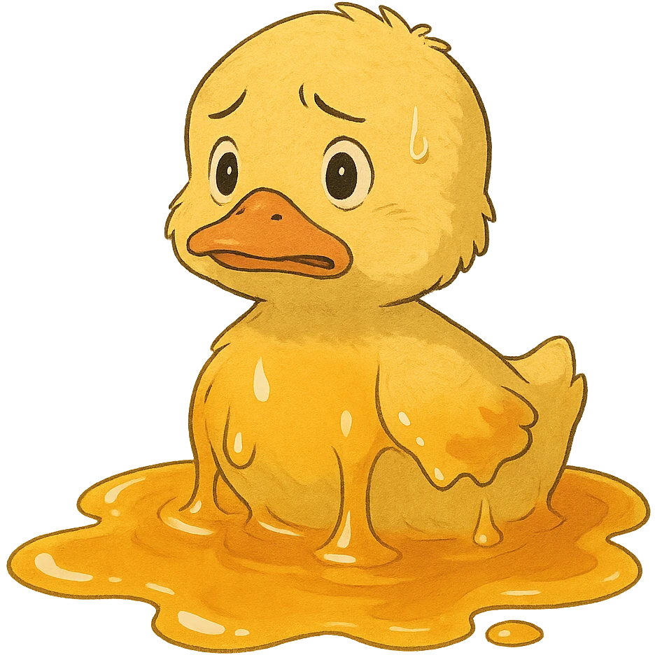 ghibli style illustration of a duckling in honey, looking worried emoji