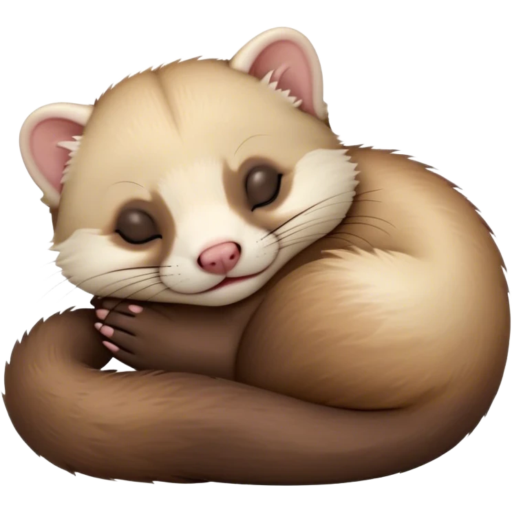 Meme-Worthy Cute Sleeping sable ferret Portrait Emoji, Head resting peacefully with a contented smile, showcasing a long, flexible body curled up in cozy repose, luxuriously soft fur in warm brown and cream, and eyes gently closed in serene slumber, Simplified yet hilariously adorable features, highly detailed, glowing with a soft, drowsy natural light, high shine, relaxed and utterly lovable, stylized with an air of playful laziness, bright and heartwarming, soft glowing outline, capturing the essence of a sleeping sable ferret that feels destined to become the next viral sensation of adorable rest! emoji
