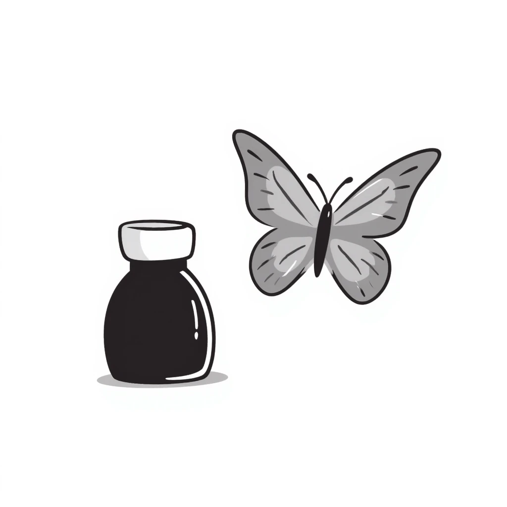Small dark brown bottle with white cap floating next to a bright translucent butterfly-shaped thyroid icon, representing connection with metabolism and hormonal system emoji