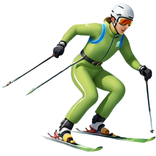 An icon featuring snowy peaks, pine trees, and a picturesque mountain landscape with a skier racing down a snow-covered slope. The sky is blue with soft clouds, capturing the thrill and beauty of alpine skiing. Transparent background highlights the excitement and serenity of winter sports. emoji