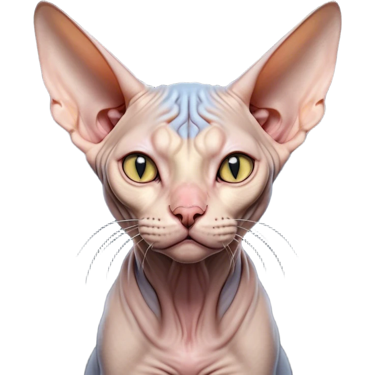 Cinematic Grumpy Sphynx Cat Portrait Emoji, Head tilted slightly with a deeply unimpressed expression, smooth, wrinkled skin with pronounced facial folds giving a permanent look of disapproval, large ears standing tall, piercing eyes narrowed into an unamused glare, Simplified yet comically expressive features, highly detailed, glowing with a dry, sarcastic glow, high shine, effortlessly judgmental yet dignified, stylized with a touch of cynicism, bright but brooding, soft glowing outline, capturing the essence of an eternally unimpressed yet endearing feline, so lifelike it feels like it could sigh heavily at you in disdain at any moment! emoji