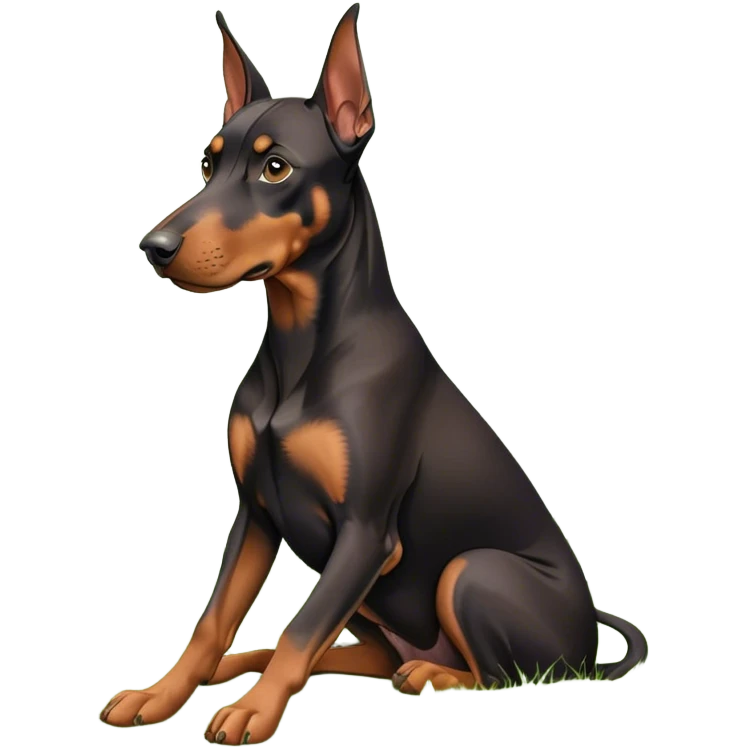 Close-up of a Doberman Pinscher sitting on lush green grass, looking alert and majestic. The background features a beautiful, serene nature view with rolling hills and bright blue skies. The dog’s sleek black and tan coat shines under the sun. Transparent background. emoji