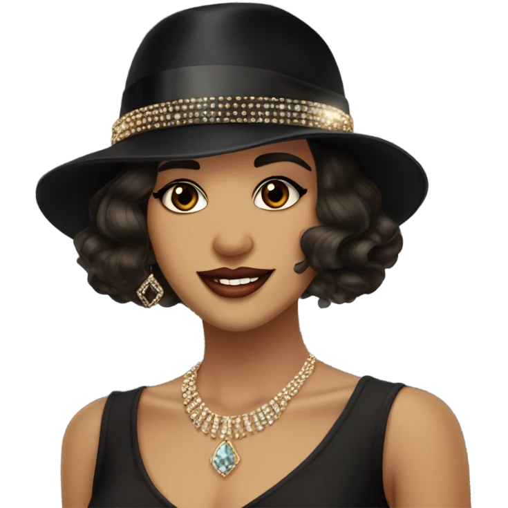 Flapper feminine brown eyes black hat jeweled flapper style  hat earrings wavy dark hair smirk emoji