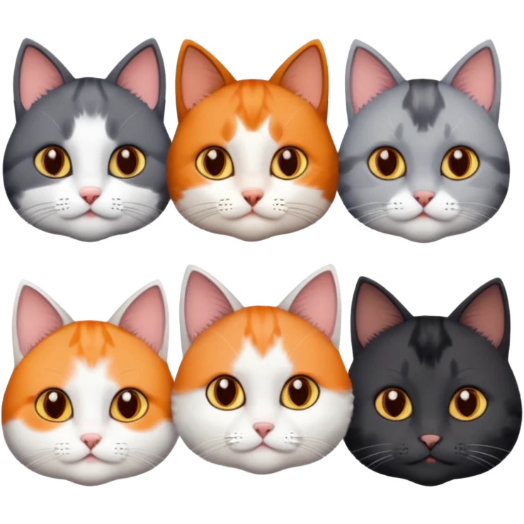 5 different coloured short haired cats including; a dark brown and white cat, and a dark grey and white, and a calico emoji