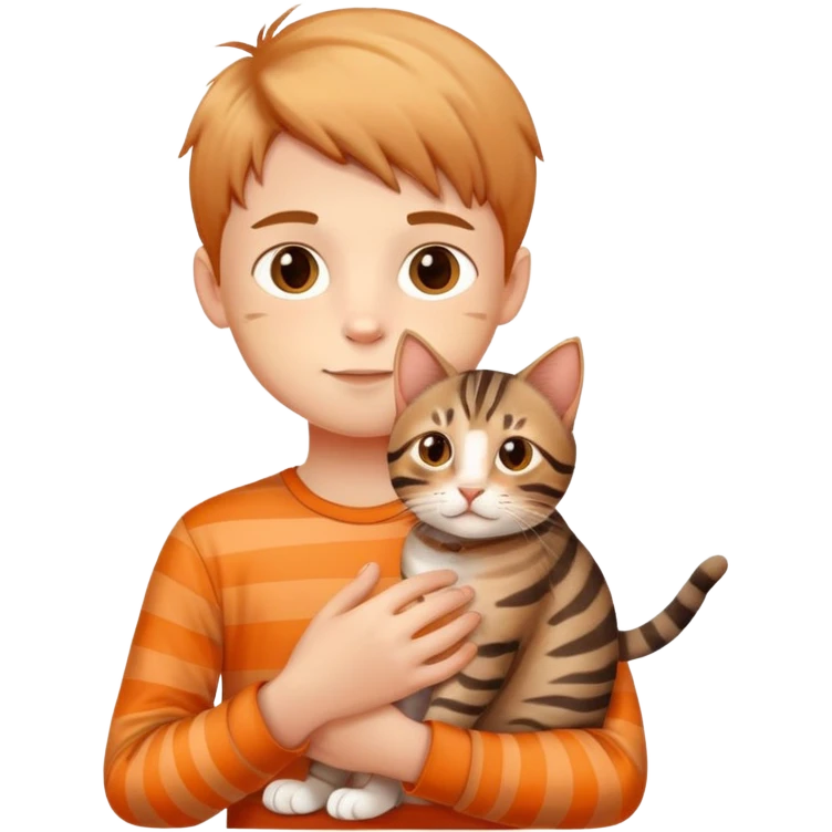 A young boy holding a cute tabby cat with orange and brown stripes emoji