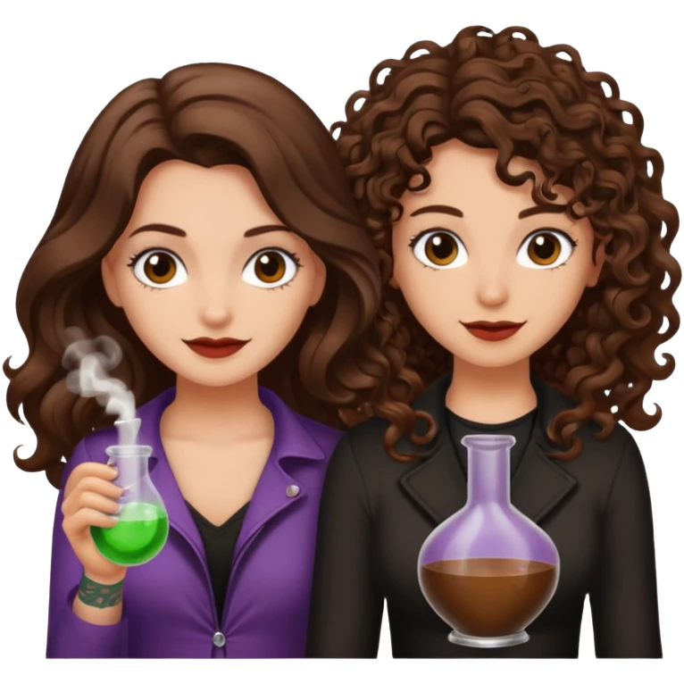 hiding potion — long wavy brown hair tattooed woman and short tight curly brown hair woman — guilty smile emoji