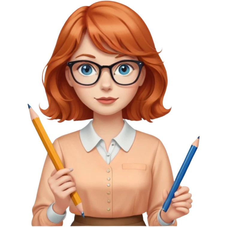 redheaded woman with long wavy hair and bangs, blue eyes, cat-eye glasses, wearing a pencil skirt and apricot blouse, holding a pencil emoji