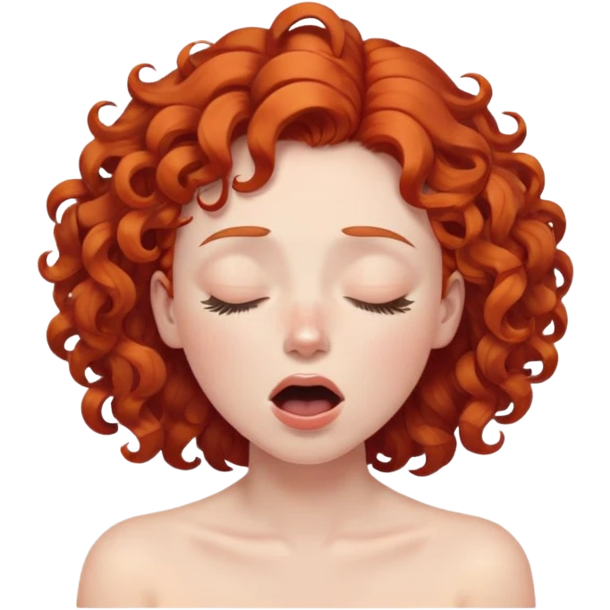 person with curly red hair and downturned eyebrows, eyes closed, mouth open in pleasure emoji