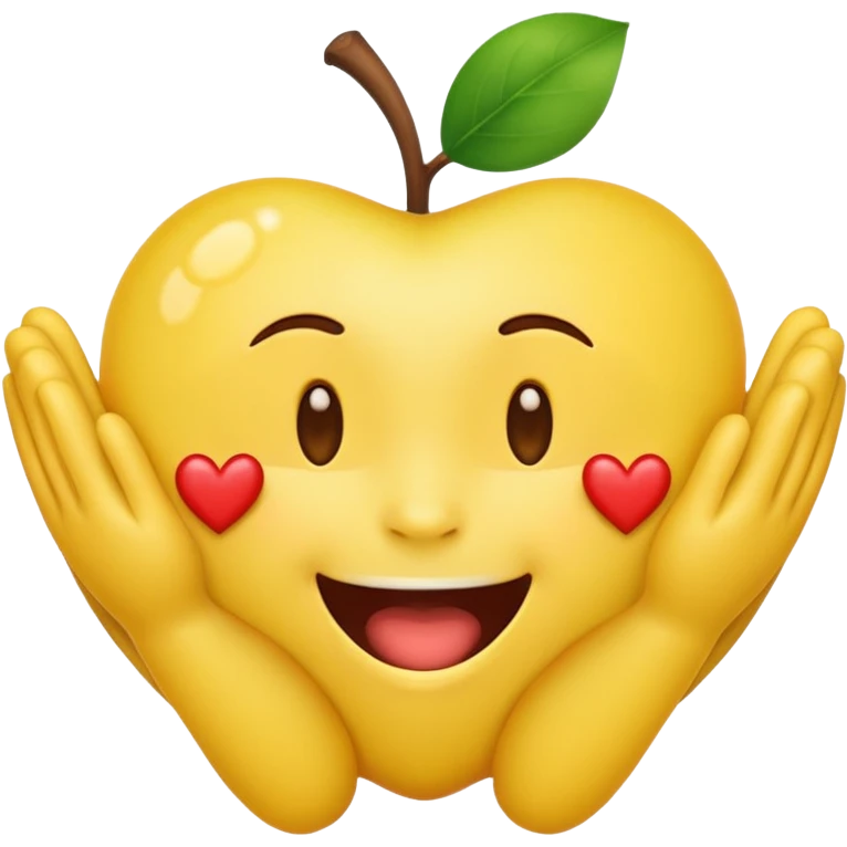 Apple-style emoji with a round yellow face, mouth exactly like 😁 (big smile with teeth), hands like 🤗 (open forward), and three hearts like 🥰 in the same position. emoji