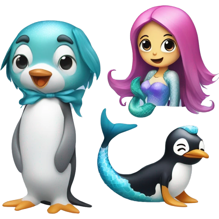 pinguin with dog and mermaid with blue and pink color emoji