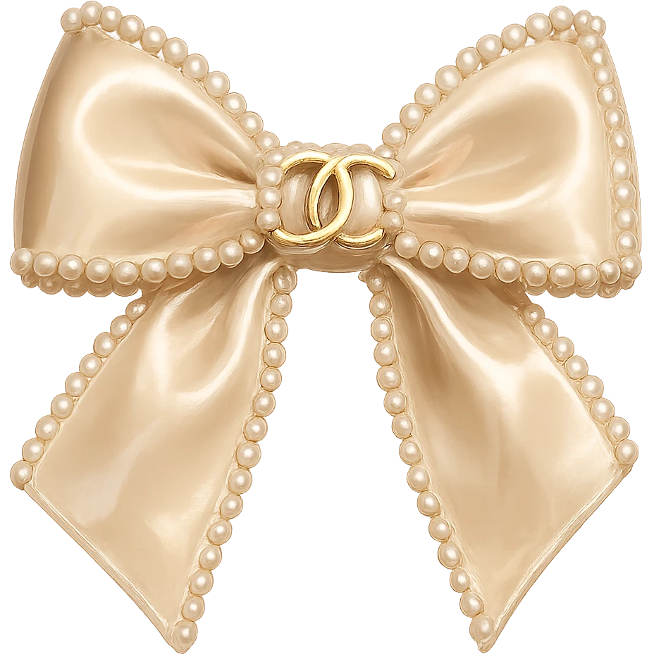 Remove the background, keep only the elegant bow with pearls and gold Chanel logo, glossy, pastel colors, realistic style, with no background. beige emoji