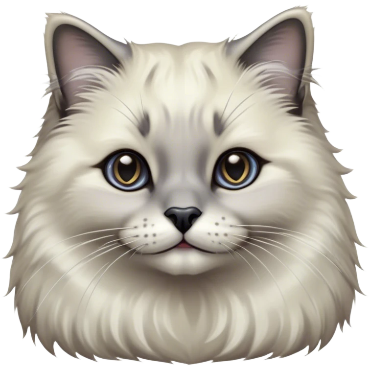 Cinematic Adorable Fluffy Grey Seal Ragdoll Cat Portrait Emoji, Head tilted gracefully with large, sparkling eyes, soft grey fur with darker seal points on the ears, face, and paws, Simplified yet majestic features, highly detailed, glowing with a soft, warm glow, high shine, calm and affectionate, stylized with a touch of elegance, bright and endearing, soft glowing outline, capturing the essence of a regal and loving kitty, so serene it feels like it could glide across the screen with its dignified presence! emoji