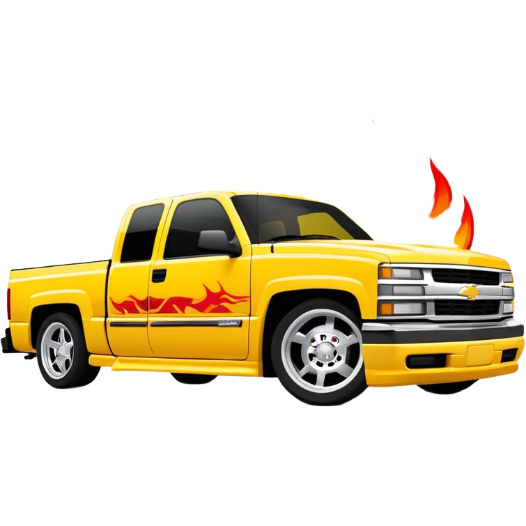 Yellow 1997 Chevrolet Silverado Crew Cab with prominent red flame graphics on the hood and front fenders, 30-degree angle, iconic Kill Bill truck, iOS emoji style emoji