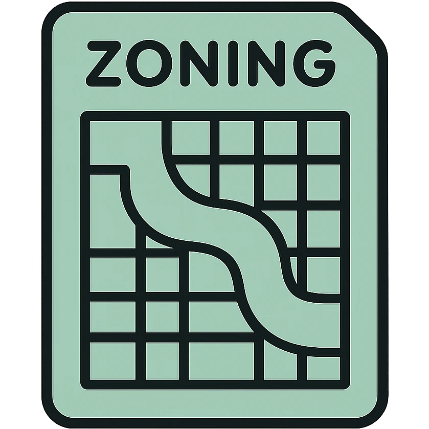 Skeuomorphic zoning document icon with mint green #B5F4D3 and black #111111 color scheme, showing a detailed map with zoning areas and grid, clean symmetric design with subtle depth and soft light emoji