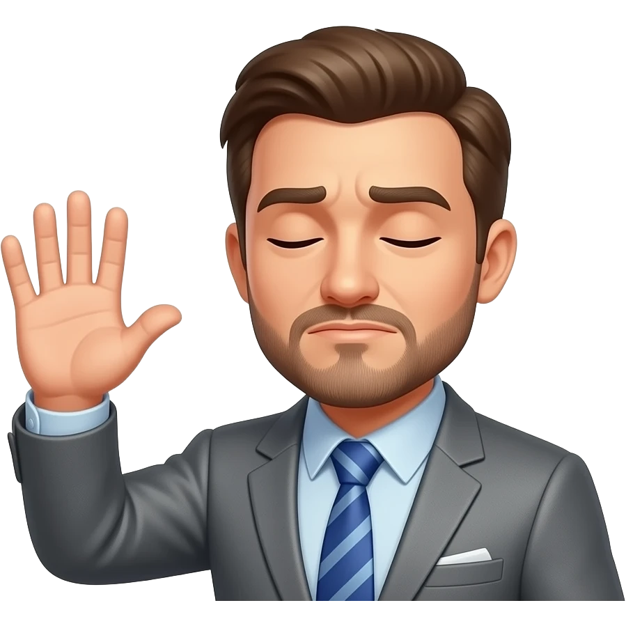 a man with closed eyes chin up facing sideways waving his hand dismissively with the word "No problem" written over his head in red emoji