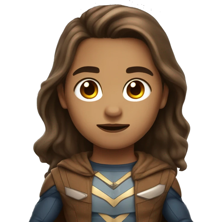 superhero, child, long brown hair, brown eyes, light brown skin emoji