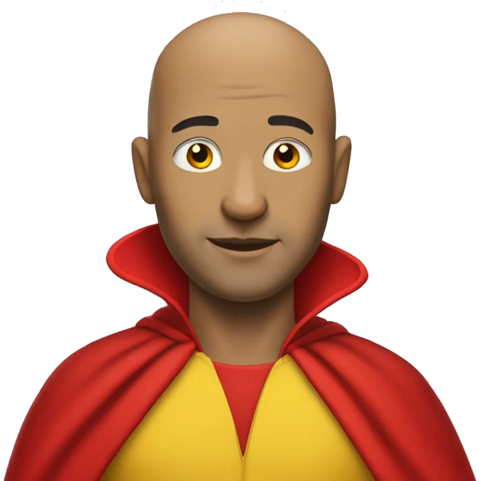 Bald man with yellow jumpsuit with red gloves and red cape emoji