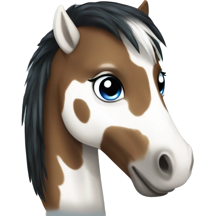 Brown and white spotted pony with black hair and blue eye emoji