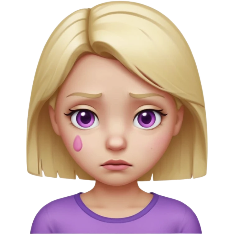 Blonde girl emoji, head and slight shoulders visible, one eye bruised pink and slightly swollen (cartoon black eye), soft pink-purple bruise shading around eyelid, cute but annoyed expression, glossy smooth 3D emoji render, centered composition, clean lighting, white or transparent background. emoji