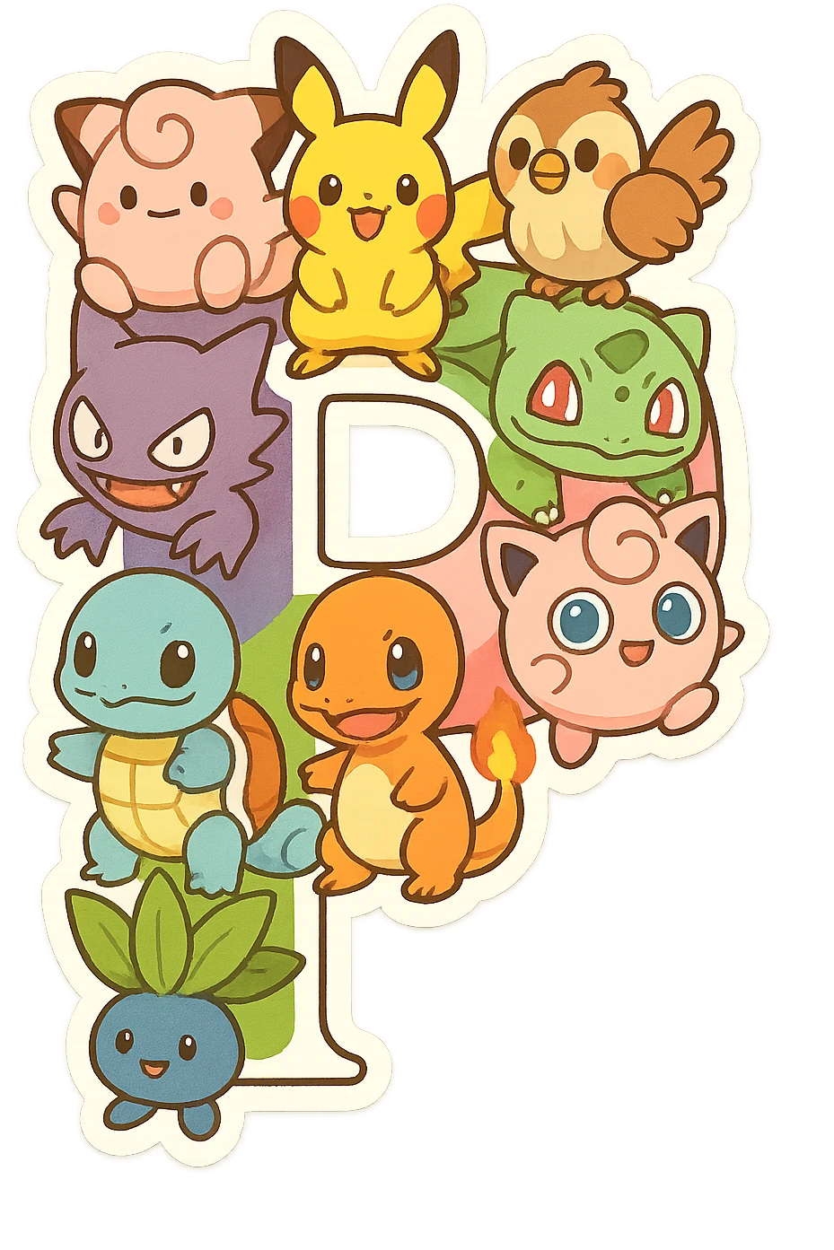 The letter P formed out of various Pokémon characters, playful and colorful style, vibrant and fun emoji