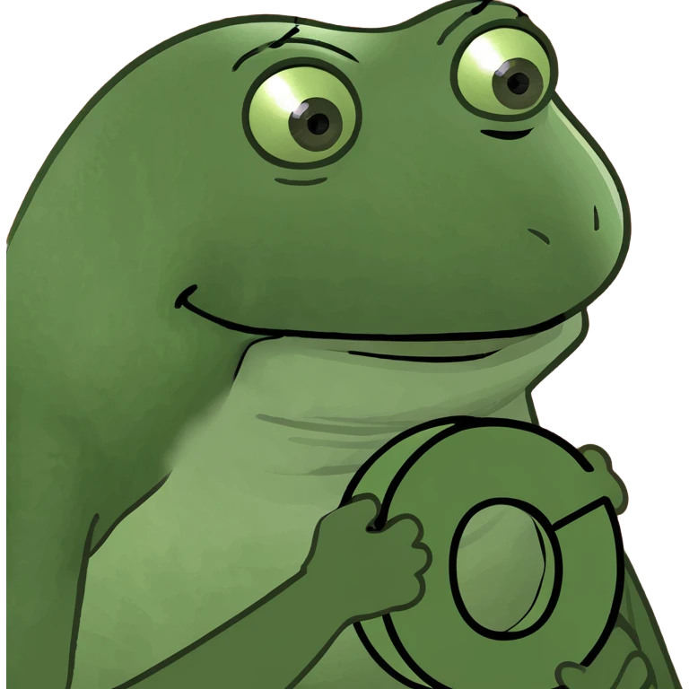 Pepe the frog holding a stylized 'C' logo, formed by four green arcs on black, open to the right, with depth and a dynamic, modern look. emoji