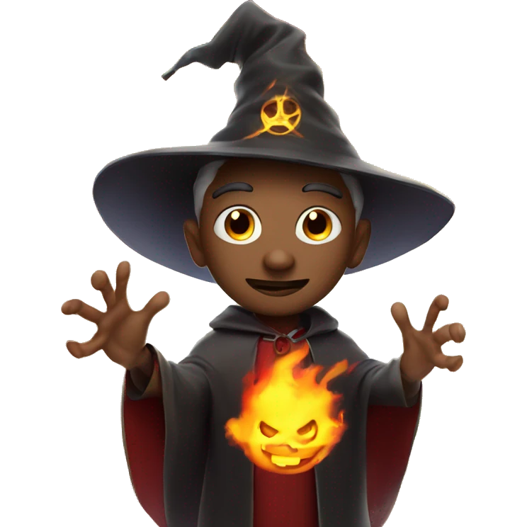 Human demonologist in a wizard costume, surrounded by a fiery halo, Halloween theme, emoji emoji