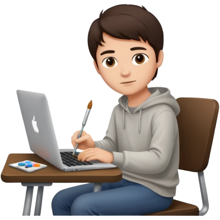 boy working in Macbook, he is graphic designer and paint artist, he seat front side and hair dark brown color emoji