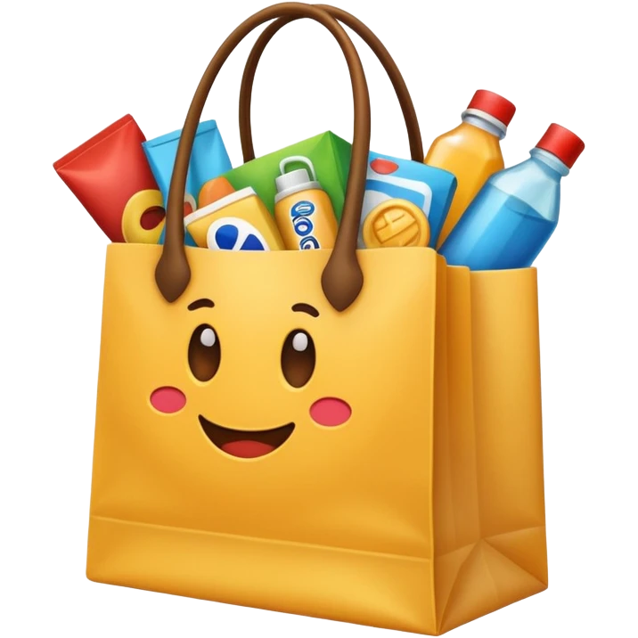 A shopping bag with diverse products peeking out, fun and engaging. emoji