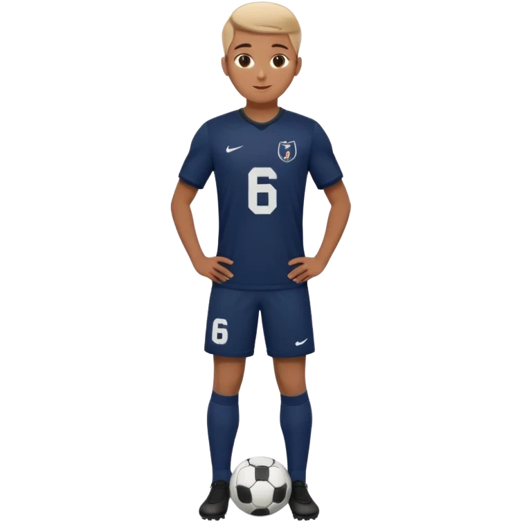 Apple emoji style 21 year old soccer player standing hands on waist, dark navy jersey #6, realistic lighting emoji