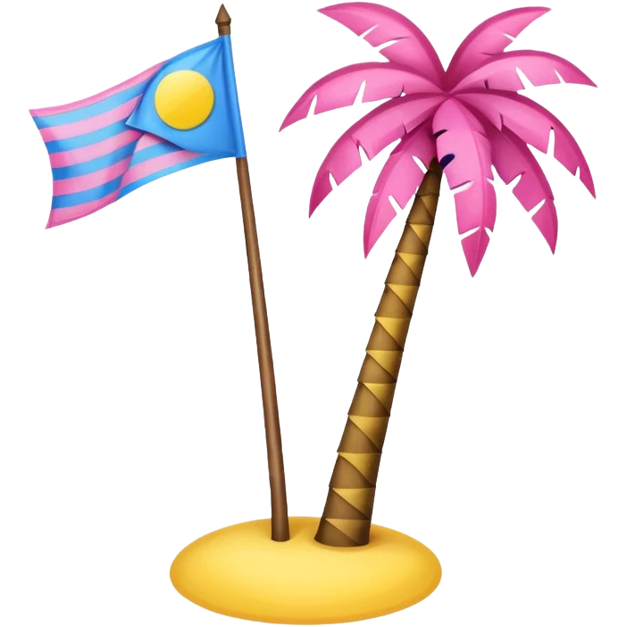 A pink flag on the sides two small blue triangles In the middle a pink palm tree coming out of the sides  yellow circle with two thick yellow stripes emoji
