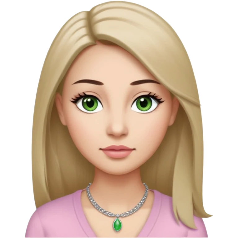 ,Adult woman avatar, light skin tone, oval face, long straight ash-brown hair, green almond-shaped eyes with dramatic eyelashes and minimal eyeliner, neutral mouth, medium straight eyebrows, small nose, natural pink lips, smooth skin with light natural blush emoji