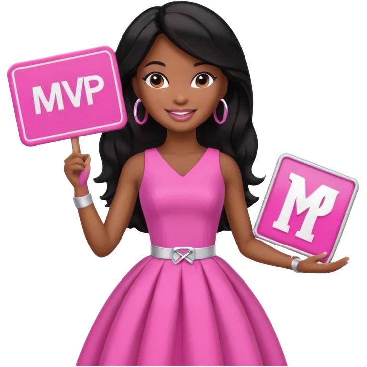 Black barbie, long black  hair, pink dress holding mvp sign  emoji