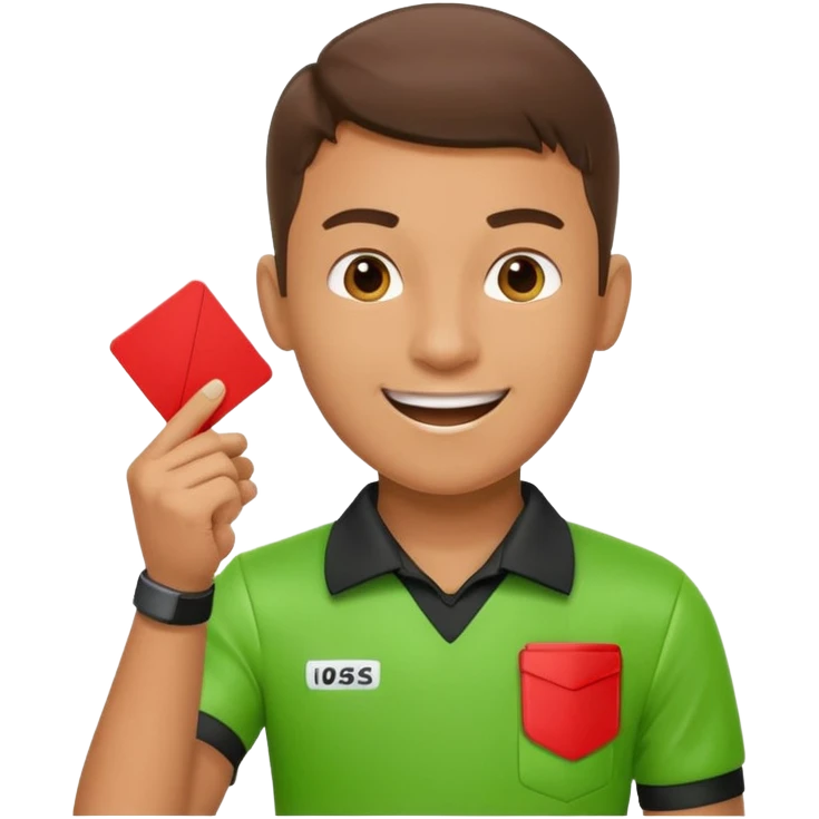 Young Referee – Energetic Style
 Wearing bright green shirt, smiling slightly, holding red card high with whistle around neck. emoji