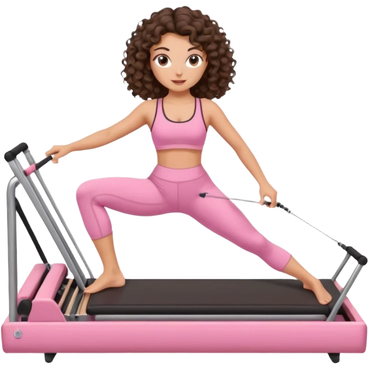 brunette,curly hair shoulder lenght,turkish,beautiful,with some eyelined eyes, 3b girl doing reformer pilates with pink pilates cutesy set,on reformer machine,making different moves. emoji