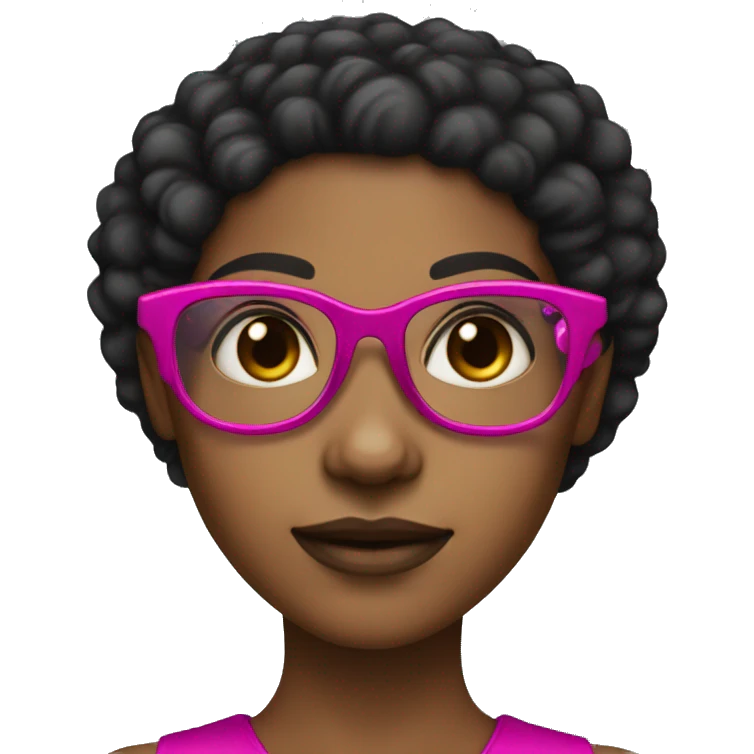 Girl with long afro black hair and brown skin and dark brown eyes and fuchsia glasses  emoji