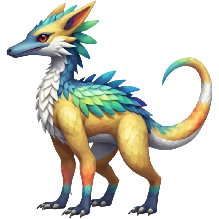 Colorful Fruity Iridescent Warm-colored Tropical Exotic Vernid-Sergal-Trico-Silvally-Nargacuga-fusion-hybrid-animal-creature, full body emoji