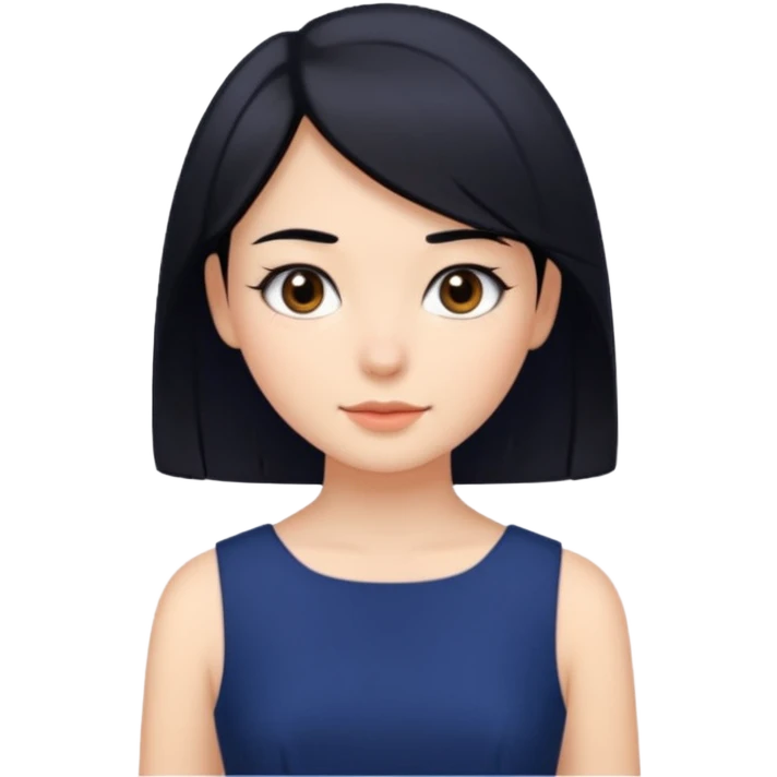 A girl with black hair, dark brown eyes, a beautiful face, short, straight hair to the shoulders, and a navy blue dress. emoji