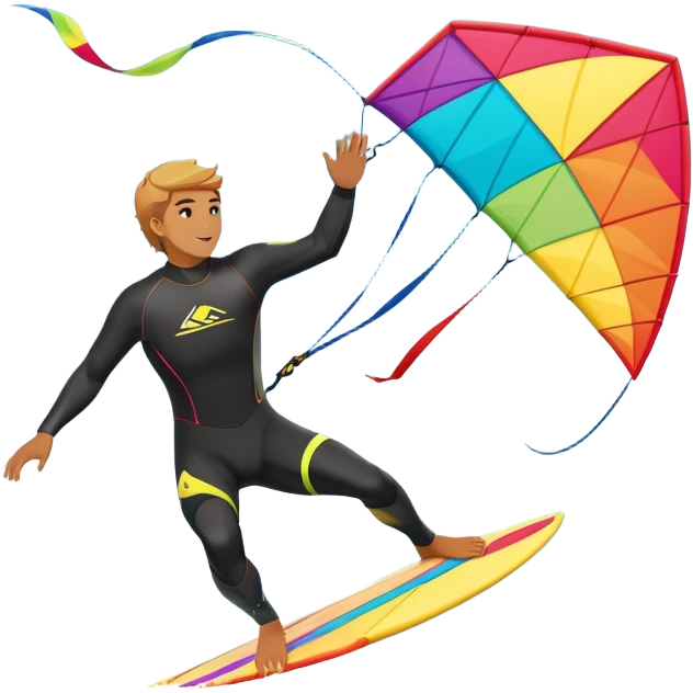 A kite surfer gliding across the ocean, with a colorful kite soaring high in the sky and the surfer carving through the waves. The scene captures the energy and freedom of the sport, with the sun shining and the ocean's waves splashing around. emoji