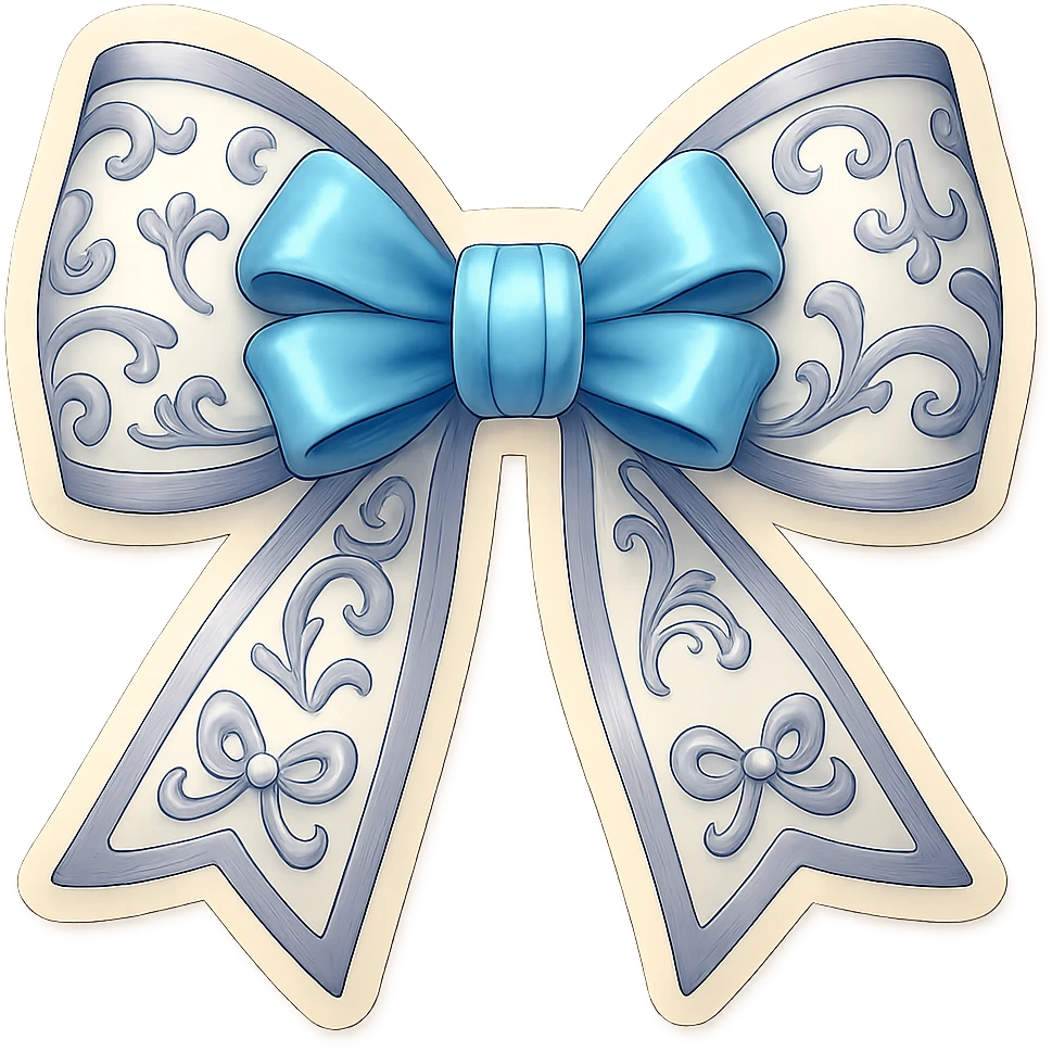 Edit the vintage rococo bow to be white and ornate with delicate details, replacing gold accents with gray accents, in a vintage rococo style emoji. Remove the background. emoji
