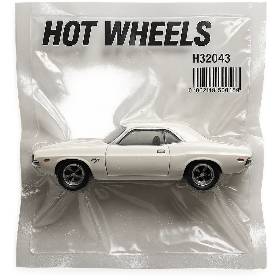 white 1971 Dodge Challenger Hot Wheels toy car, glossy, inspired by the movie 'Death Proof' emoji