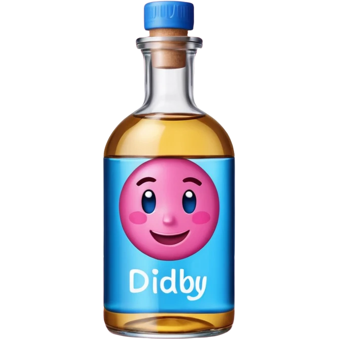 Smiling bottle of oil blue top pink outside with logo that says diddy oil emoji