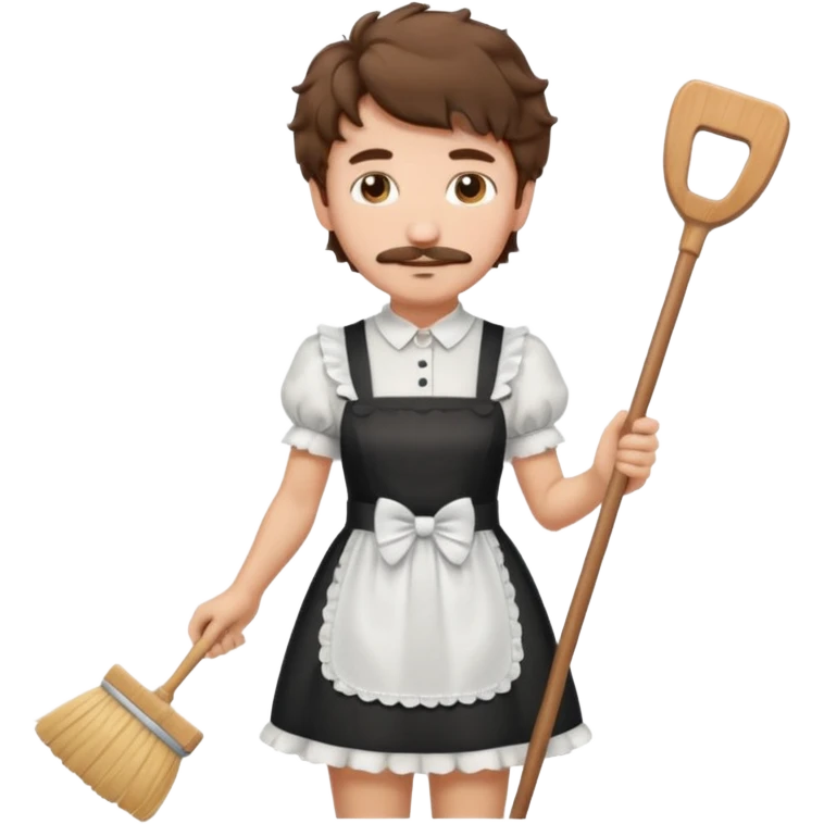 Guy with short shaggy brown hair , a thin curly mustache, wearing a cute maid dress, sweeping emoji
