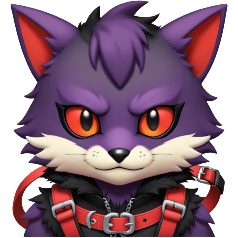 black edgy emo furry Noibat-Litten-fursona-Fakémon with a red chest harness  emoji
