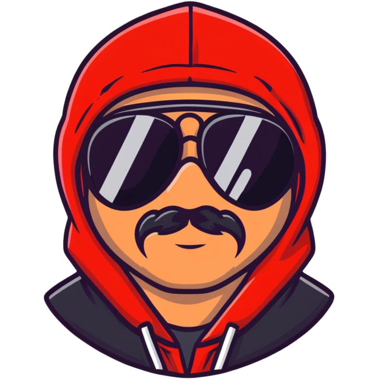 middle-aged man with minor hair growth on upper lip, black aviator sunglasses, red hoodie with hood covering head emoji