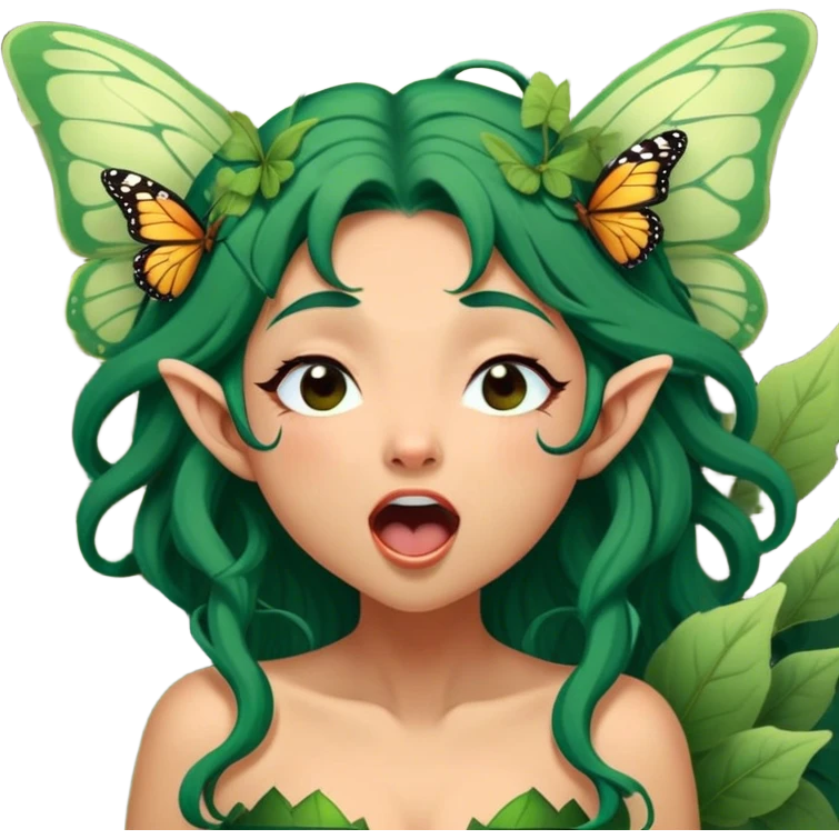 Cinematic Realistic Forest Fairy Portrait, head tilted slightly with a dramatic, wide-open yawn, revealing a tender, relaxed visage with finely detailed tanned skin and flowing, vine-adorned dark green hair gently framing her face. Her sleepy eyes exude a serene, dreamlike quality as soft natural sunlight filters through the canopy, showing her large butterfly wings from her back capturing the essence of a drowsy yet captivating forest drifting into peaceful slumber. emoji