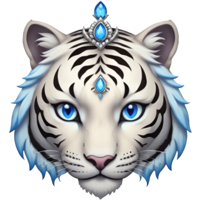 ESO Female white/black tiger khajiit leader of the umbral rose, glowing blue eyes, glowing blue 'third eye' gem; shadow umbral gem silver tiara emoji