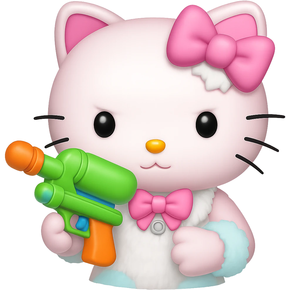 Change the handgun to a playful water gun, keep the Hello Kitty character in emoji style, no background. emoji